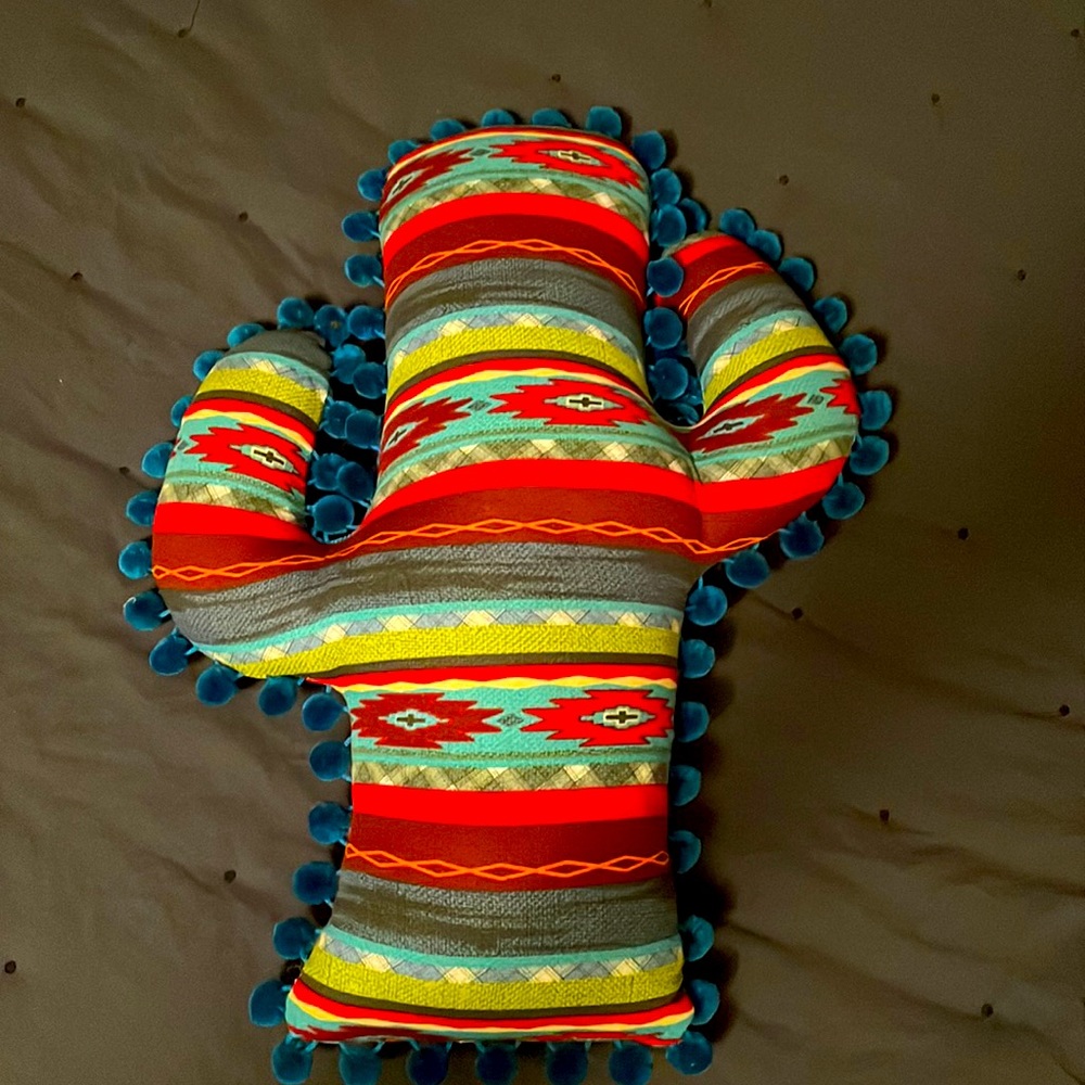 Handmade pillow. Sarape with blue pom-poms